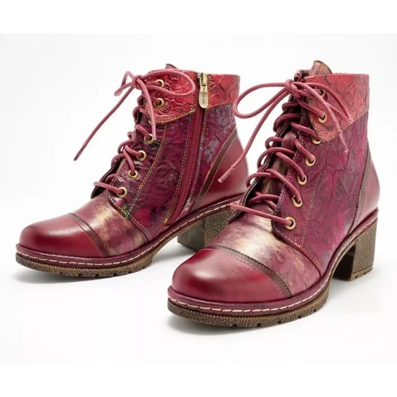 $178 L'Artiste by Spring Step Leather Lace-Up Boots NEW fallinluv Bordeaux 38/8 - Picture 1 of 8